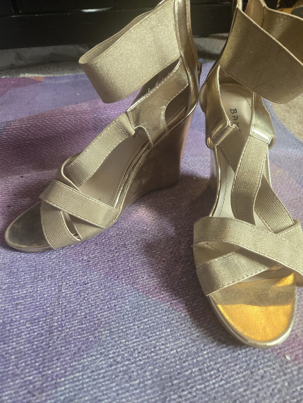 Gold Elastic Strap Wedge Sandals - Women